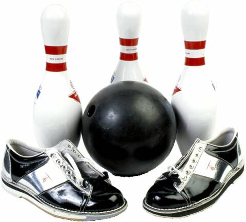 Bowling ball, shoes, and pins